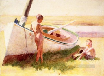  po Pintura al %C3%B3leo - Dos niños junto a un barco naturalista Thomas Pollock Anshutz
